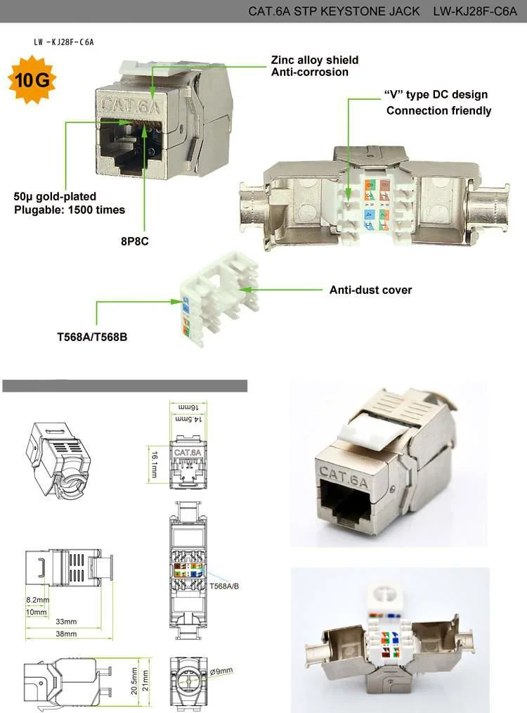 10 Gigabit CAT6/CAT6A RJ45 FTP Tool-Less Zinc-Alloy Shielded Keystone Jack